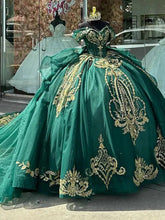Emerald Green Off-the-Shoulder Sleeveless Gold Lace Applique Ball Gown Quinceanera Dress