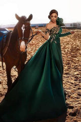 Emerald Green One Shoulder Long Sleeve Mermaid Satin Appliques Beading Formal Evening Gown