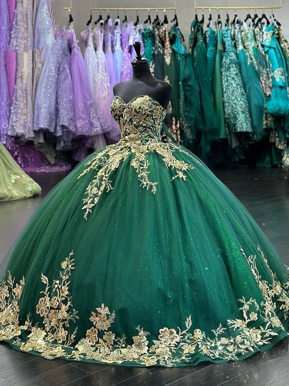 Emerald Green Strapless Sleeveless Floral Applique Beaded Ball Gown Quinceanera Dress