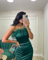 Emerald Green Strapless Sleeveless Long Column Satin Formal Dress Feather Trim Rhinestone Belt Open Back High Slit Evening Gown