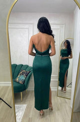 Emerald Green Strapless Sleeveless Long Column Satin Formal Dress Feather Trim Rhinestone Belt Open Back High Slit Evening Gown