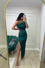 Emerald Green Strapless Sleeveless Long Column Satin Formal Dress Feather Trim Rhinestone Belt Open Back High Slit Evening Gown
