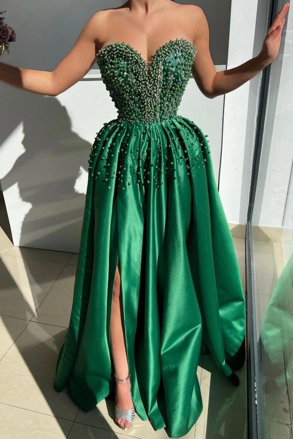 Emerald Green Strapless Sweetheart Beaded Satin A-Line Slit Floor Length Evening Gown
