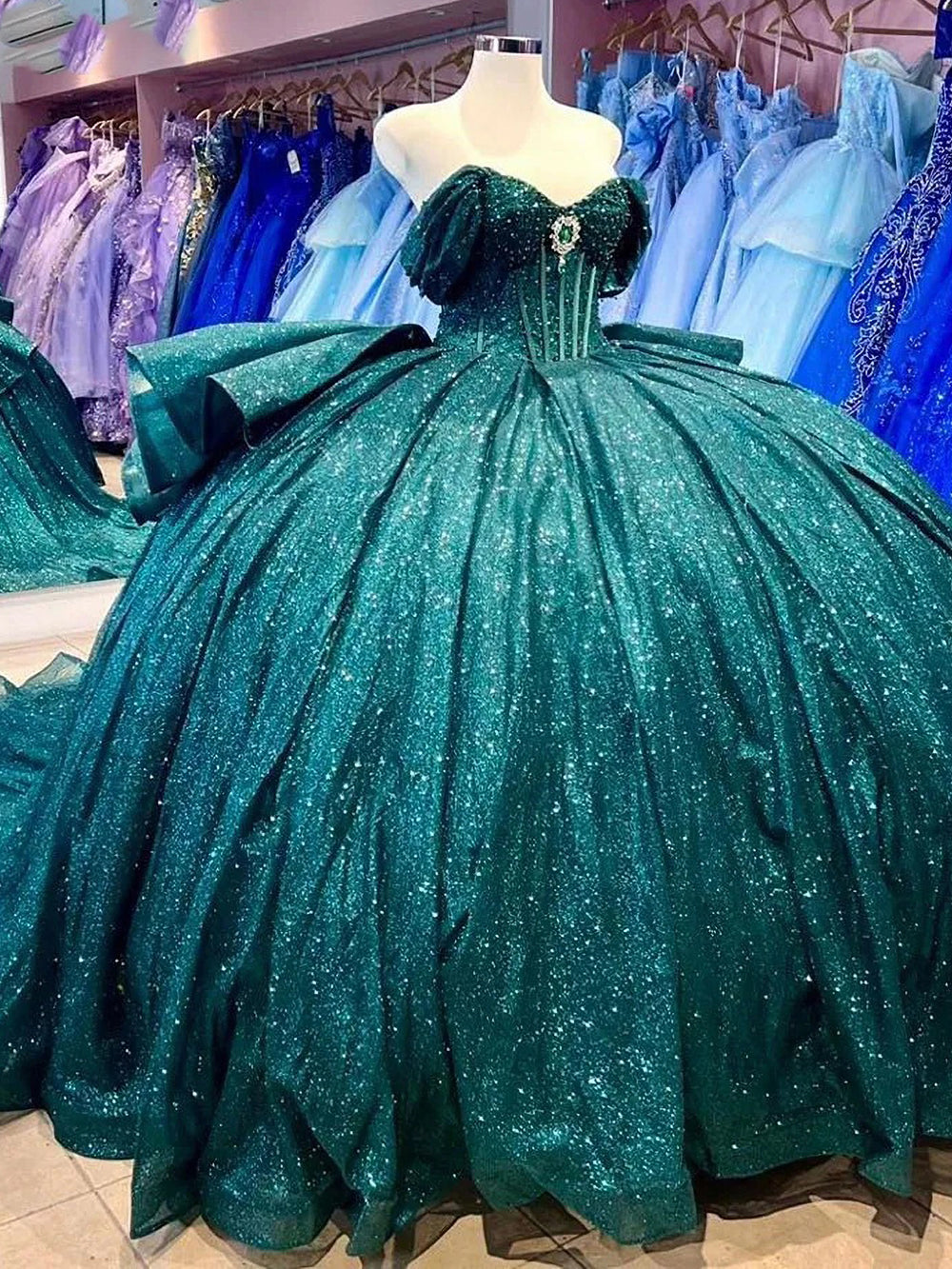 Emerald Green Sweetheart Cap Sleeve Sequin Beaded Bow Ball Gown Quinceanera Dress