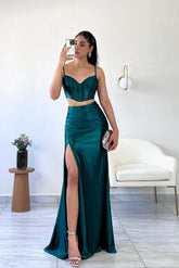 Dark green sweetheart lace two-piece evening dress