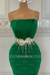 Emerald Strapless Sleeveless Mermaid Satin Beaded Rhinestone Floor Formal Evening Gown