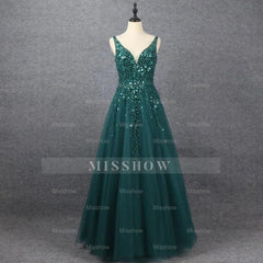 Emerald V Neck Floor Length Formal Dress A Line Sleeveless With Appliques