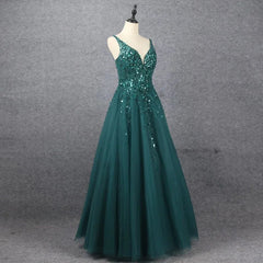 Emerald V Neck Floor Length Formal Dress A Line Sleeveless With Appliques