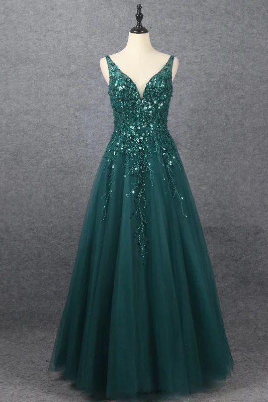 Emerald V Neck Floor Length Formal Dress A Line Sleeveless With Appliques