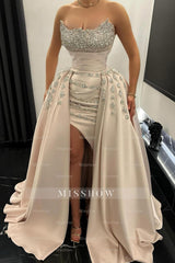 Enchanting A-Line Strapless Beading Sleeveless Split Front Long Satin Evening Dresses With Rhinestones