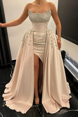 Enchanting A-Line Strapless Beading Sleeveless Split Front Long Satin Evening Dresses With Rhinestones