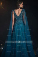 Enchanting A-Line V-Neck Beaded Sequined cap Long Sleeves Floor-Length Tulle Evening Dresses