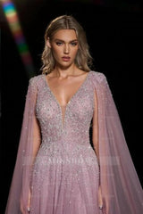 Enchanting A-Line V-Neck Beaded Sequined cap Long Sleeves Floor-Length Tulle Evening Dresses