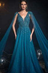 Enchanting A-Line V-Neck Beaded Sequined cap Long Sleeves Floor-Length Tulle Evening Dresses