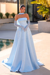 Enchanting Blue A-line Beaded Strapless Sleeveless Long Satin Prom Dresses With Rhinestone