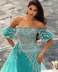 Enchanting Blue Column Strapless Off-The-Shoulder Sleeveless Sequined Panel Train Tulle Prom Dresses