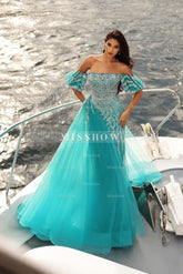 Enchanting Blue Column Strapless Off-The-Shoulder Sleeveless Sequined Panel Train Tulle Prom Dresses