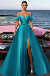 Enchanting Blue Sweetheart A-Line Off-The-Shoulder Ruffle Sleeveless Backless Satin Prom Dresses With Slit