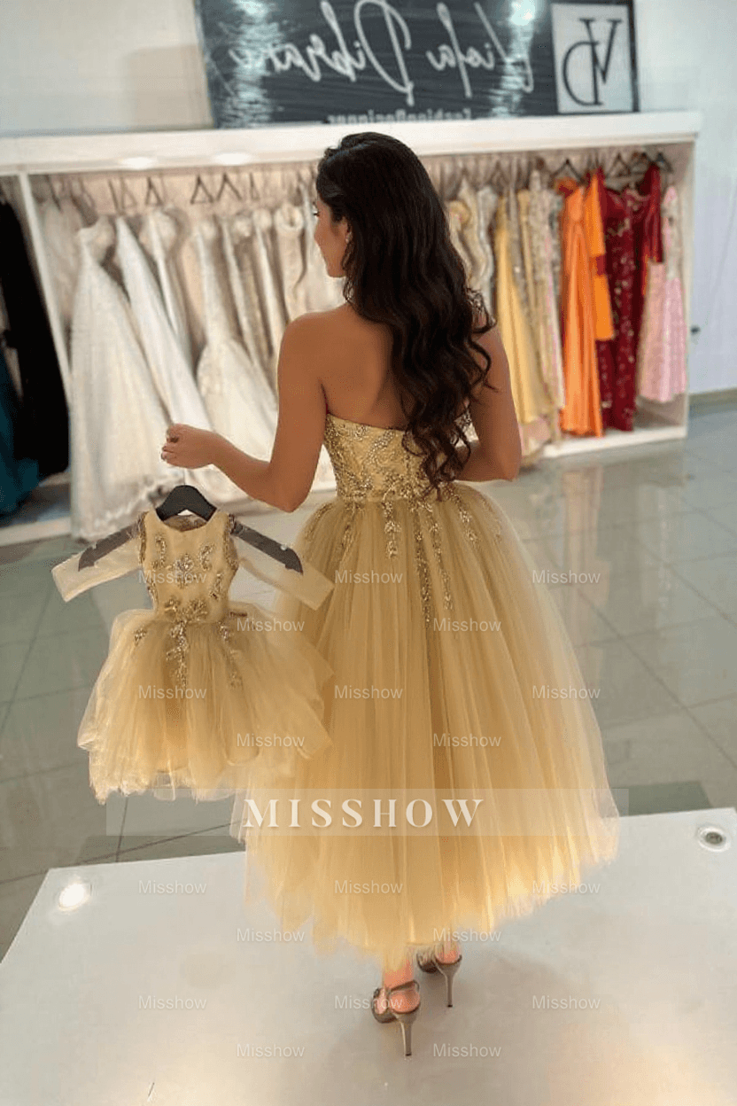 Enchanting Champagne A-line Sweetheart Sleeveless Tea-Length Tulle Evening Dresses with Beadings