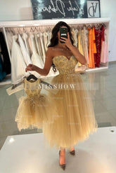 Enchanting Champagne A-line Sweetheart Sleeveless Tea-Length Tulle Evening Dresses with Beadings