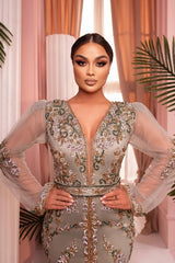 Enchanting Mermaid V-Neck Long Tulle Sleeves Embroidery Sweep Train Satin Evening Dresses With Slit