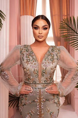 Enchanting Mermaid V-Neck Long Tulle Sleeves Embroidery Sweep Train Satin Evening Dresses With Slit