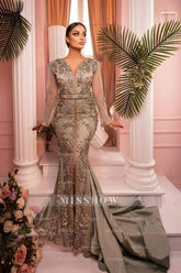 Enchanting Mermaid V-Neck Long Tulle Sleeves Embroidery Sweep Train Satin Evening Dresses With Slit