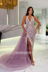 Enchanting Purple V-Neck Halter Sleeveless Panel Train Split Front Tulle Prom Dresses With Appliques