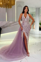 Enchanting Purple V-Neck Halter Sleeveless Panel Train Split Front Tulle Prom Dresses With Appliques