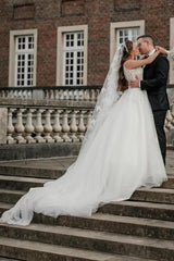 Enchanting V-Neck A line Sleeveless Court Train Tulle Wedding Dresses With Appliques