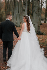 Enchanting V-Neck A line Sleeveless Court Train Tulle Wedding Dresses With Appliques