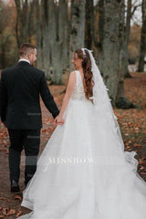 Enchanting V-Neck A line Sleeveless Court Train Tulle Wedding Dresses With Appliques