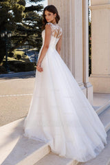 Enchanting White A-Line Crew Sleeveless Lace Sweep Train Tulle Wedding Dress With Slit