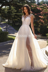 Enchanting White A-Line Crew Sleeveless Lace Sweep Train Tulle Wedding Dress With Slit