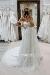 Enchanting White A-Line Strapless Off-The-Shoulder Sleeveless Beaded Chapel Train Tulle Wedding Dresses With Pearls