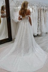Enchanting White A-Line Strapless Off-The-Shoulder Sleeveless Beaded Chapel Train Tulle Wedding Dresses With Pearls