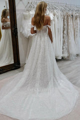 Enchanting White A-Line Strapless Off-The-Shoulder Sleeveless Beaded Chapel Train Tulle Wedding Dresses With Pearls