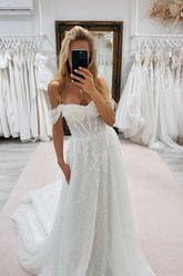 Enchanting White A-Line Strapless Off-The-Shoulder Sleeveless Beaded Chapel Train Tulle Wedding Dresses With Pearls
