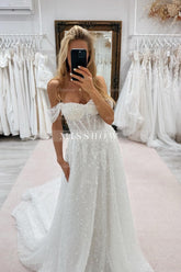 Enchanting White A-Line Strapless Off-The-Shoulder Sleeveless Beaded Chapel Train Tulle Wedding Dresses With Pearls
