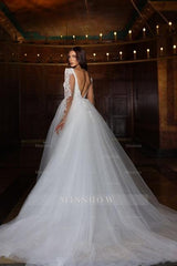 Enchanting White A-Line V-Neck Long Sleeves Backless Ball Gown Lace Tulle Long Wedding Dresses With Slit