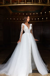 Enchanting White A-Line V-Neck Long Sleeves Backless Ball Gown Lace Tulle Long Wedding Dresses With Slit