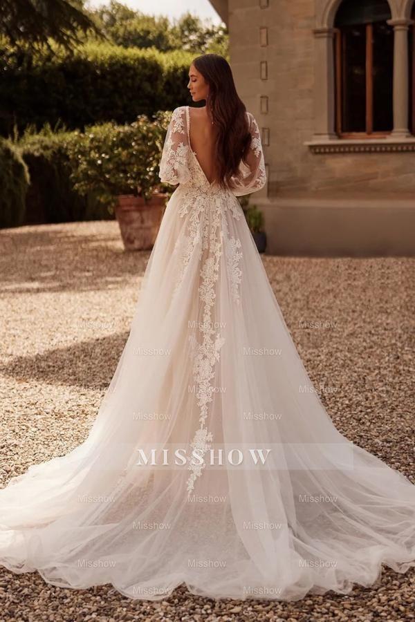 Enchanting White A-Line V-Neck Long Sleeves Sweep Train Tulle Wedding Dresses With Appliques