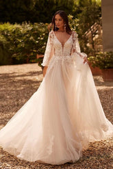 Enchanting White A-Line V-Neck Long Sleeves Sweep Train Tulle Wedding Dresses With Appliques