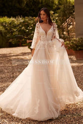 Enchanting White A-Line V-Neck Long Sleeves Sweep Train Tulle Wedding Dresses With Appliques