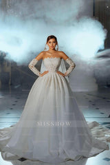 Enchanting White Strapless Lace Sleeveless Sequined Ball Gown Sweep Train Satin Wedding Dresses