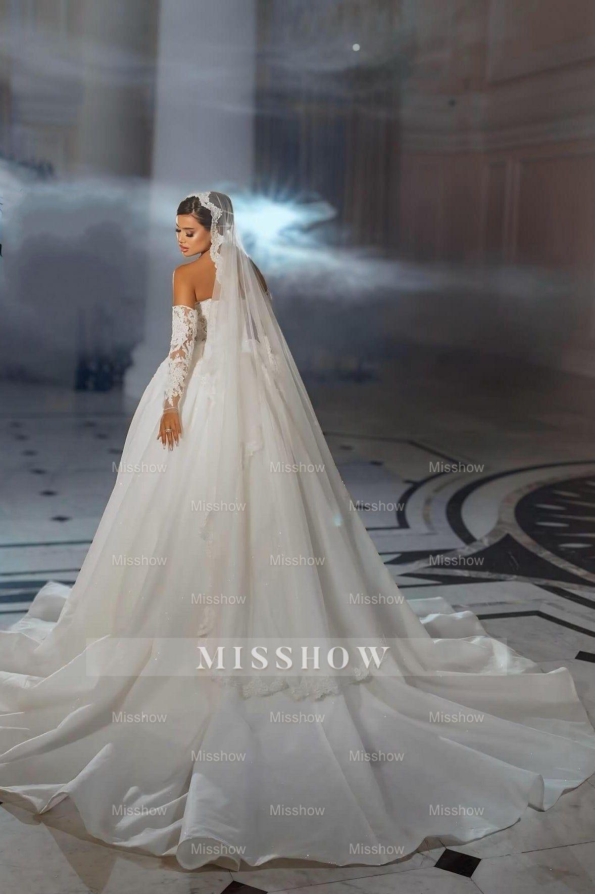 Enchanting White Strapless Lace Sleeveless Sequined Ball Gown Sweep Train Satin Wedding Dresses