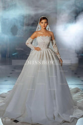 Enchanting White Strapless Lace Sleeveless Sequined Ball Gown Sweep Train Satin Wedding Dresses