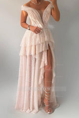 Ethereal Pink Off-The-Shoulder Sleeveless A-Line Prom Dress with Beadings and Slit