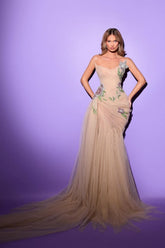 Ethereal Pink V-Neck Sleeveless Mermaid Evening Dress with Rhinestones