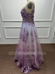 Ethereal Purple Chiffon A-Line V-Neck Long Evening Dresses with Flowers